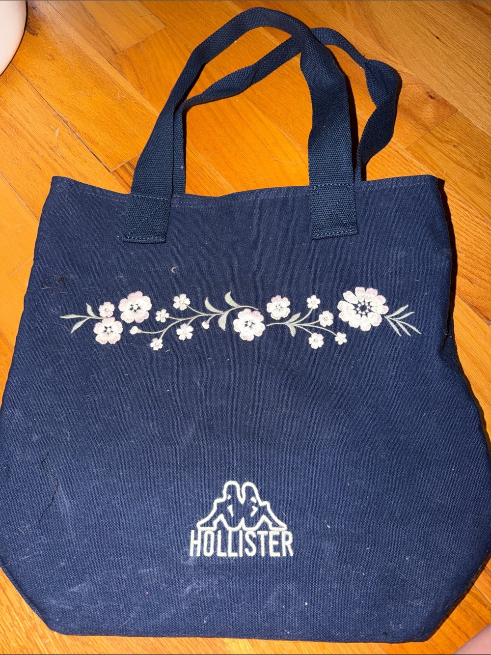 Hollister Navy Canvas Tote with Pink & White Floral Embroidery